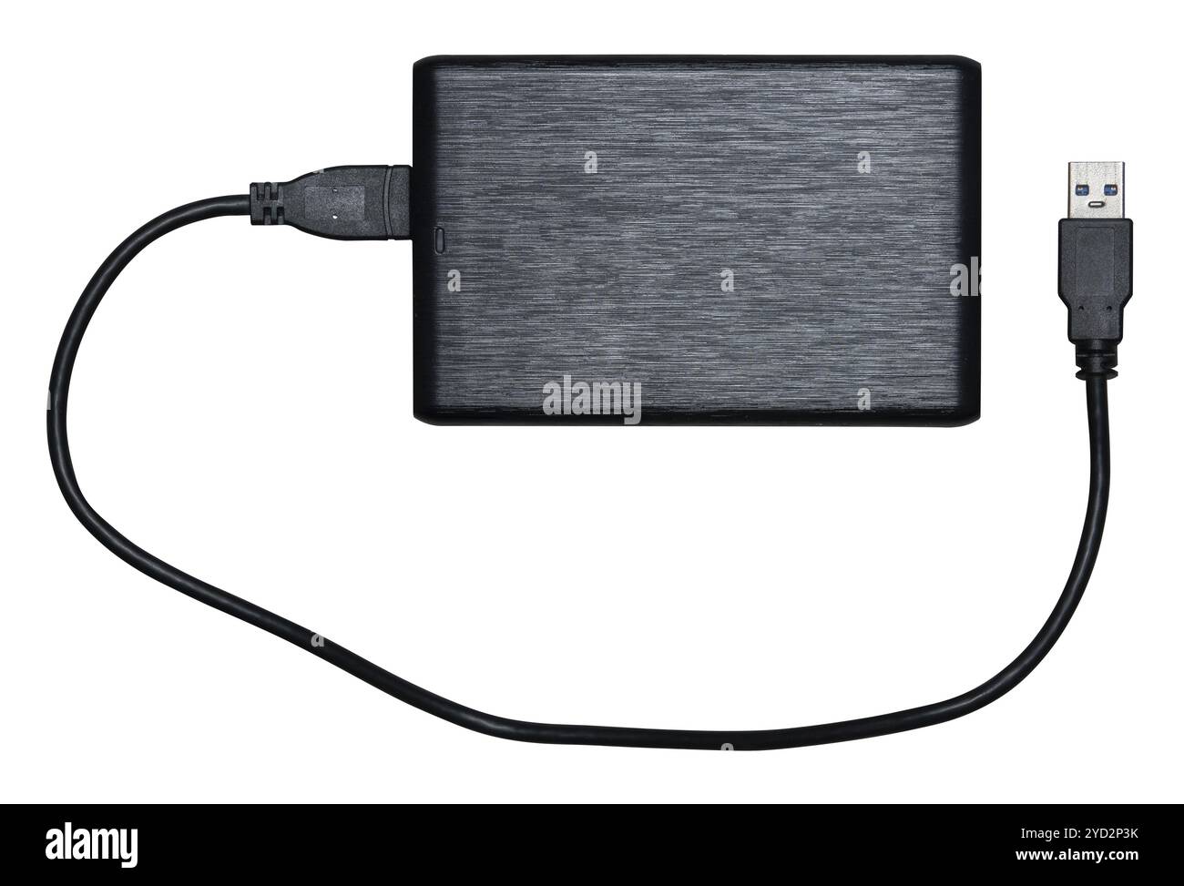 Isolierte schwarze externe Festplatte (HDD) mit USB-Kabel auf weißem Hintergrund Stockfoto
