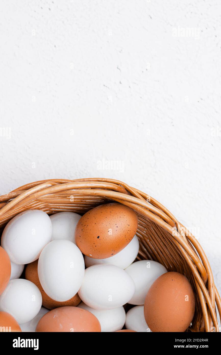 Hühnereier auf einem karierten Küchentuch auf einem Lichttisch. Das Konzept der landwirtschaftlichen Erzeugnisse und der natürlichen Ernährung. Artikel und Anzeigen zu Hause Stockfoto