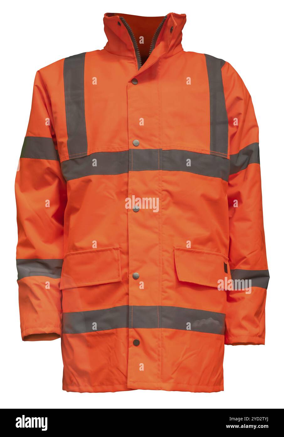 Eine orangefarbene Sicherheitsjacke mit hoher Sichtbarkeit (Hi Vis), isoliert auf WEISSEM Hintergrund Stockfoto