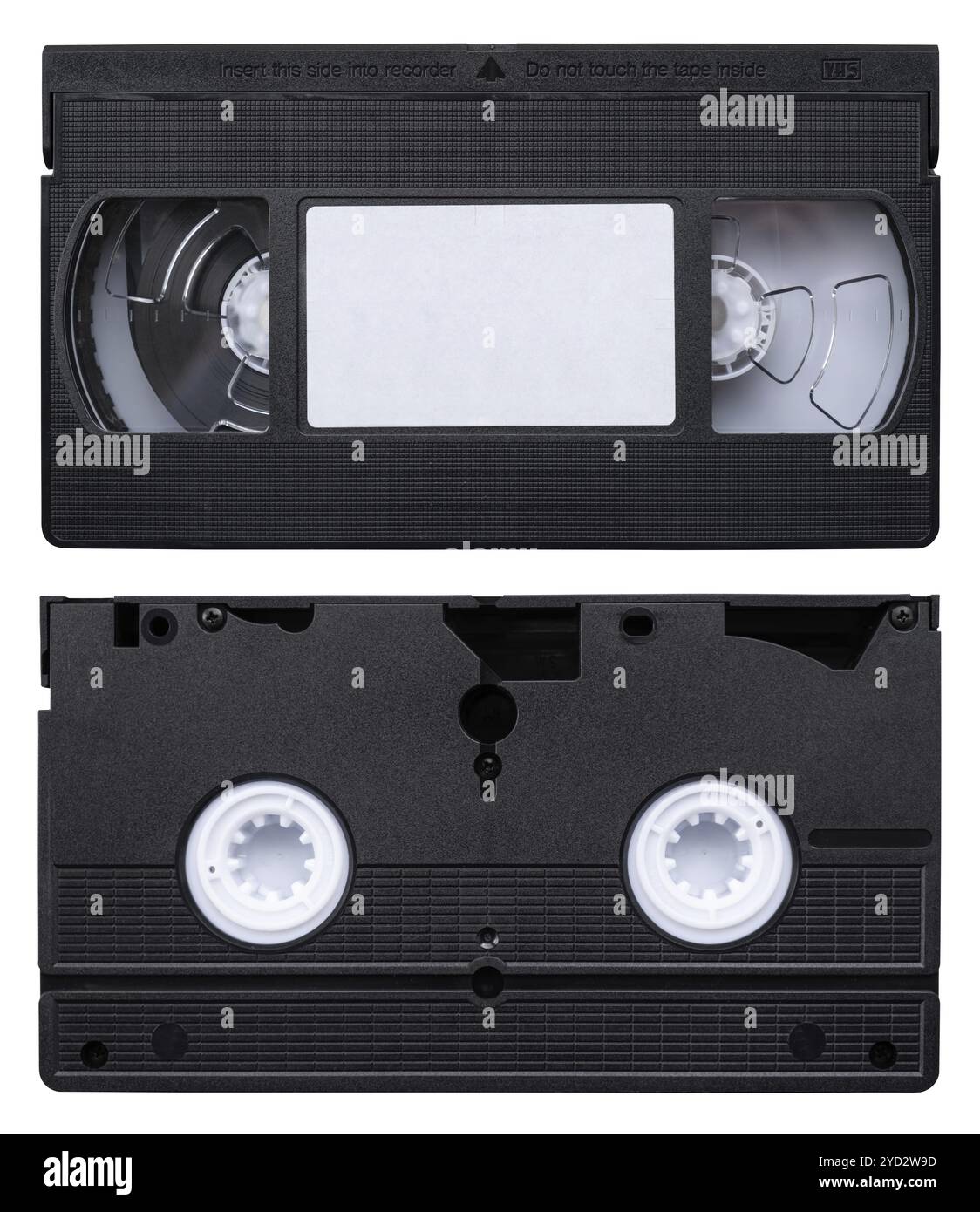 Isolierte Vorder- und Rückseite EINER Retro Vintage Videokassette Klebeband (VHS) auf WEISSEM Hintergrund Stockfoto