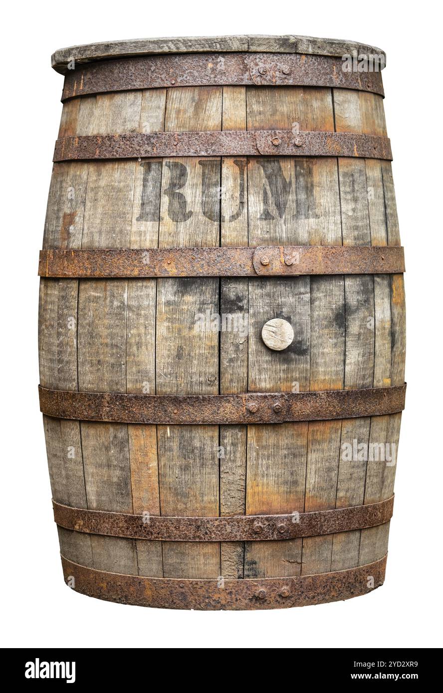 Eine isolierte urigen alten Faß oder Fass Rum auf weißem Hintergrund Stockfoto