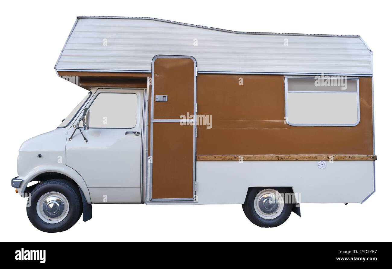 Isoliertes Vintage Retro Brown Motorhome (oder RV oder Campervan) auf weißem Hintergrund Stockfoto