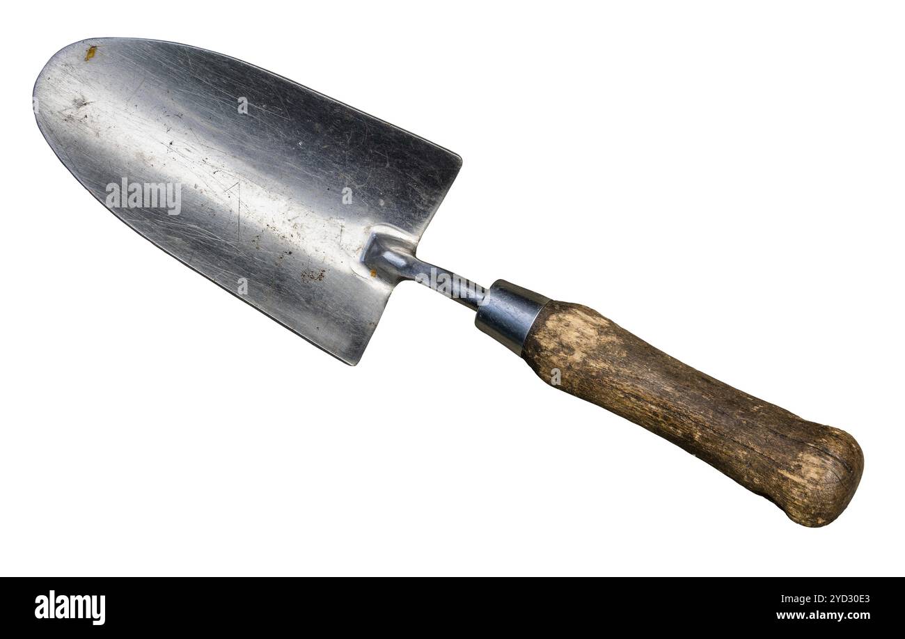 Isolierten kleinen Grungy Garten Kelle auf weißem Hintergrund Stockfoto