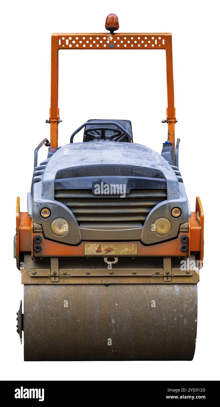 Ein schwerer, grungy Road Roller, isoliert auf weißem Hintergrund Stockfoto