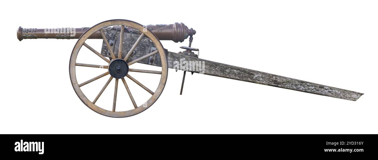 Antike Waffenwagen (Kanone) auf Weißem Hintergrund Stockfoto