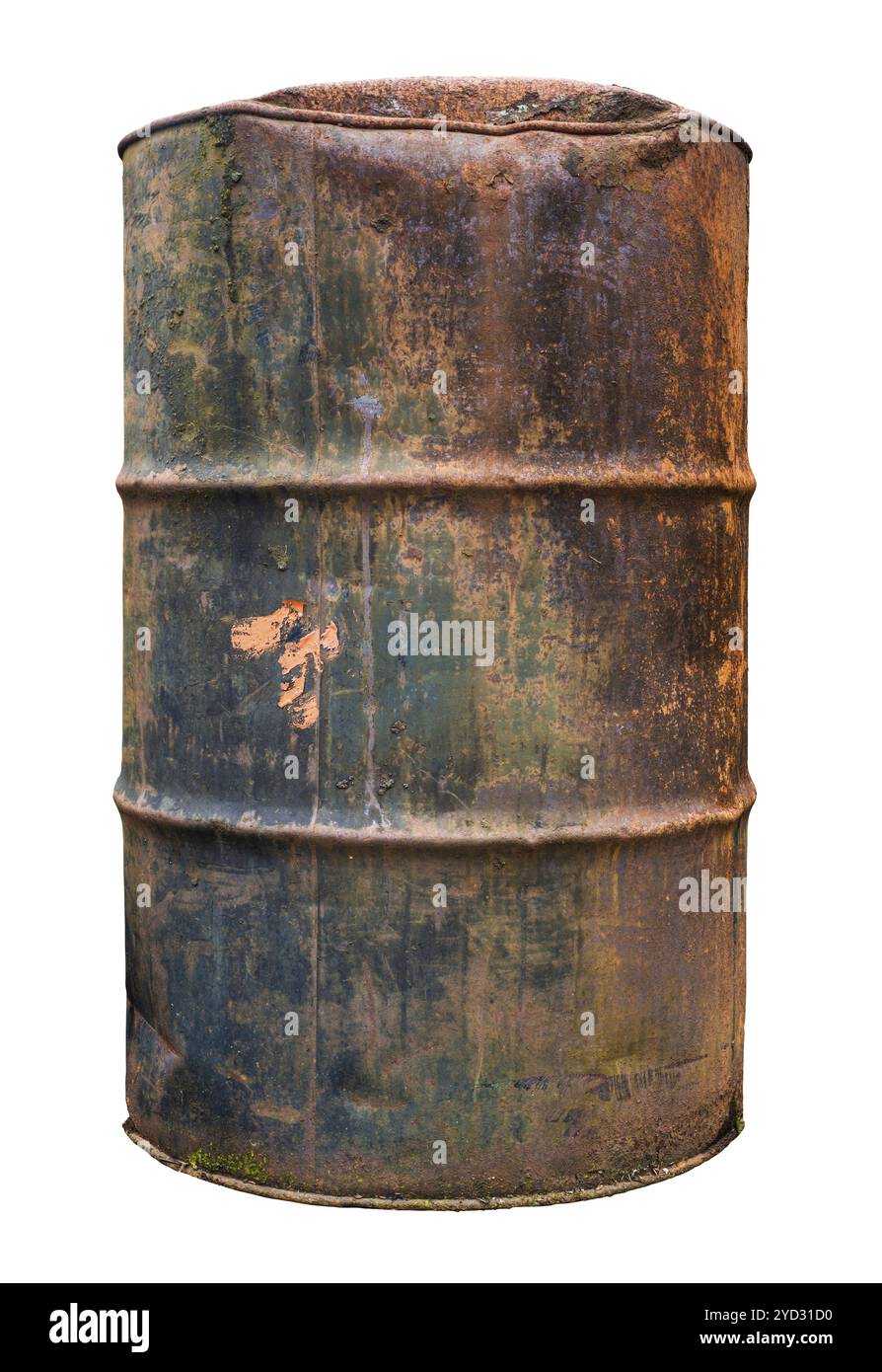 Eine isolierte rostigen alten Ölfass oder Drum auf weißem Hintergrund Stockfoto