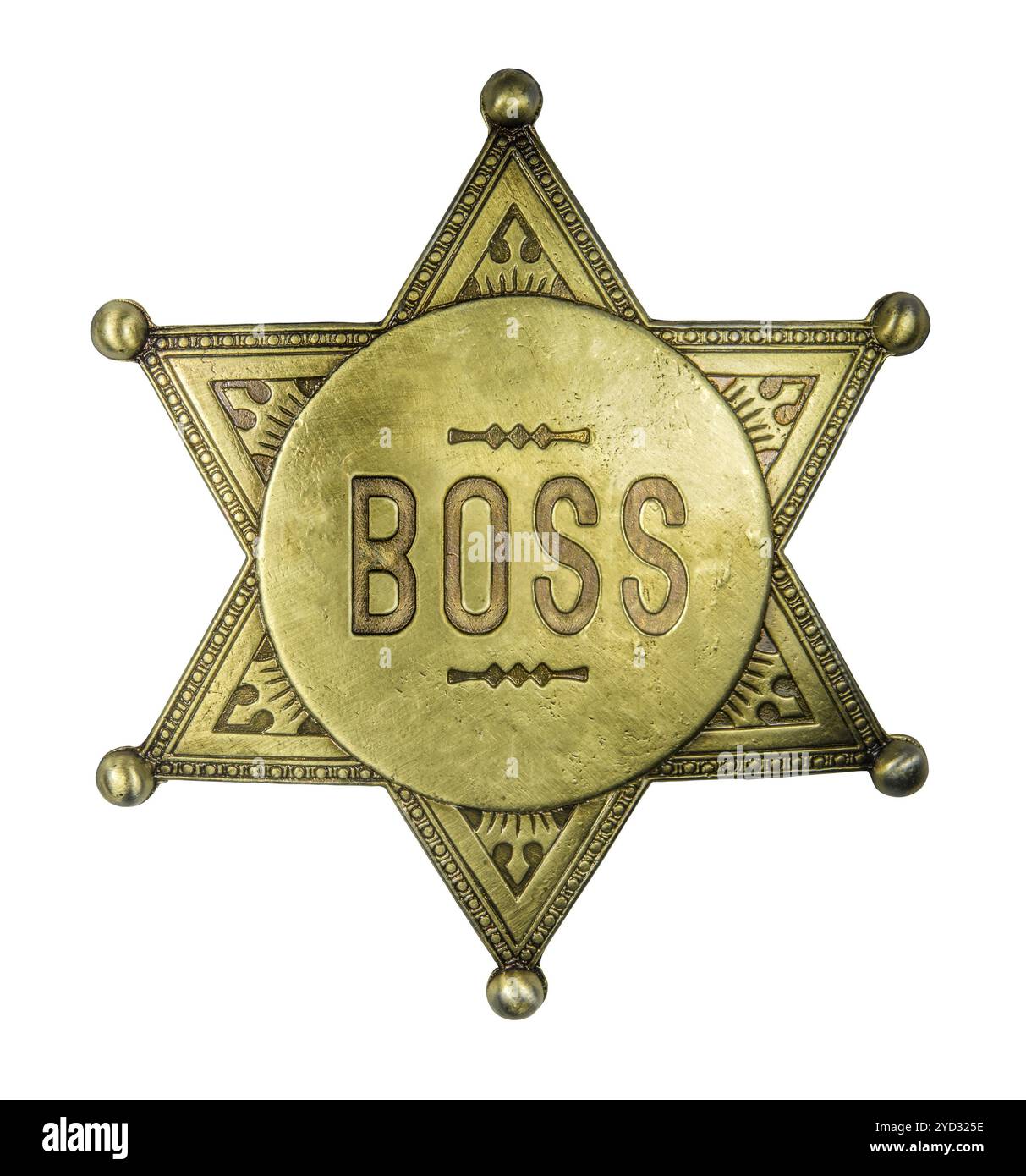 Isoliert, Messing Boss Abzeichen im Stil eines Vintage Sheriff Stern auf weißem Hintergrund Stockfoto