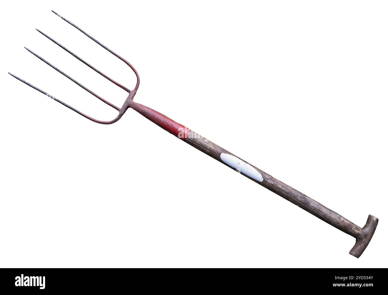 Eine alte, rustikale Pitchfork, isoliert auf weißem Hintergrund Stockfoto