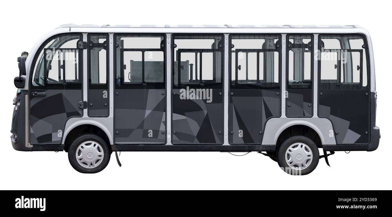 Ein modernes Elektrofahrzeug zur Nutzung als kostenloser Bus oder Shuttle an einem Flughafen oder Campus oder öffentliche Verkehrsmittel, isoliert auf weißem Hintergrund Stockfoto