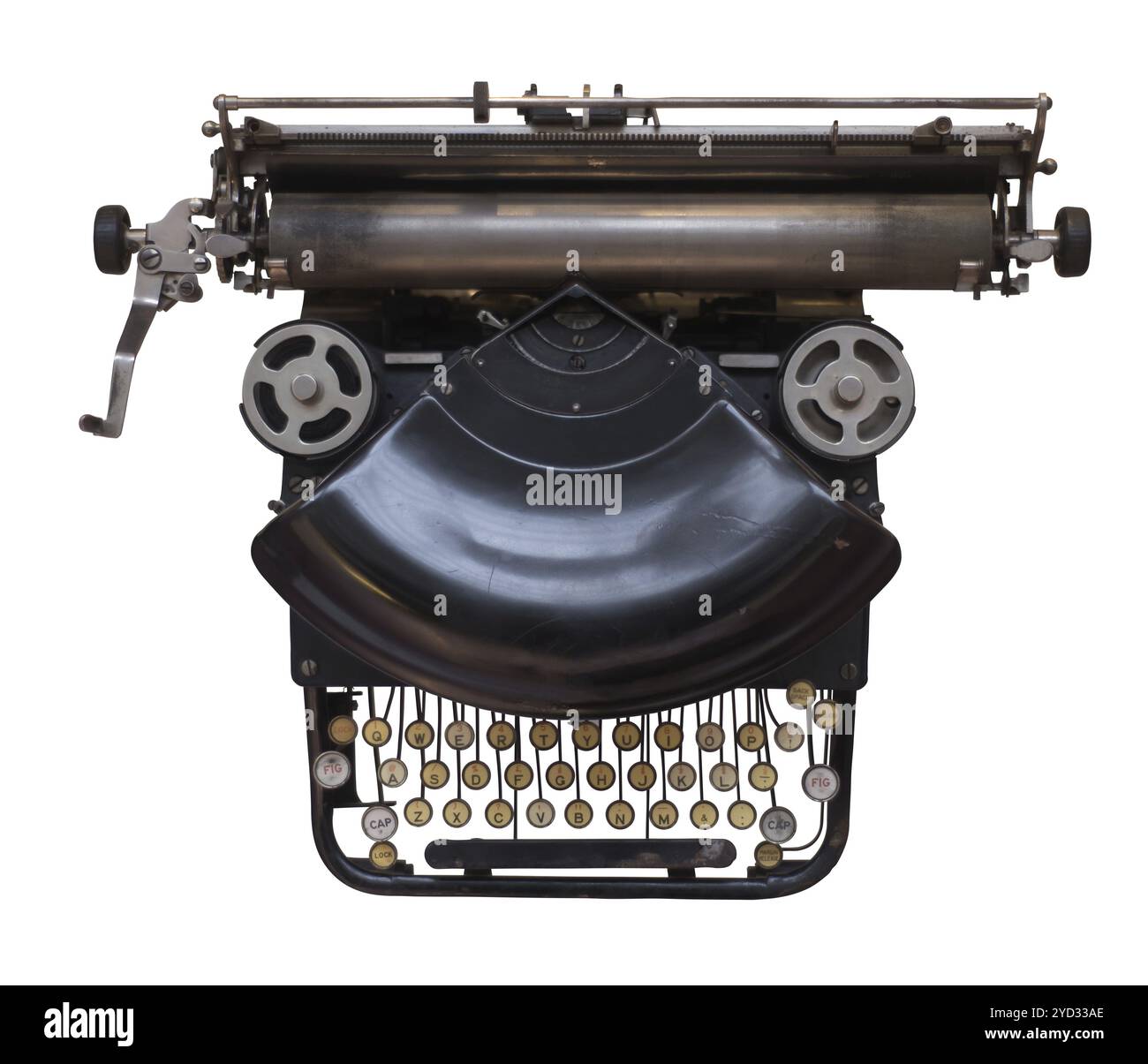 Isolierte Vintage Schwarz Schreibmaschine auf weißem Hintergrund Stockfoto