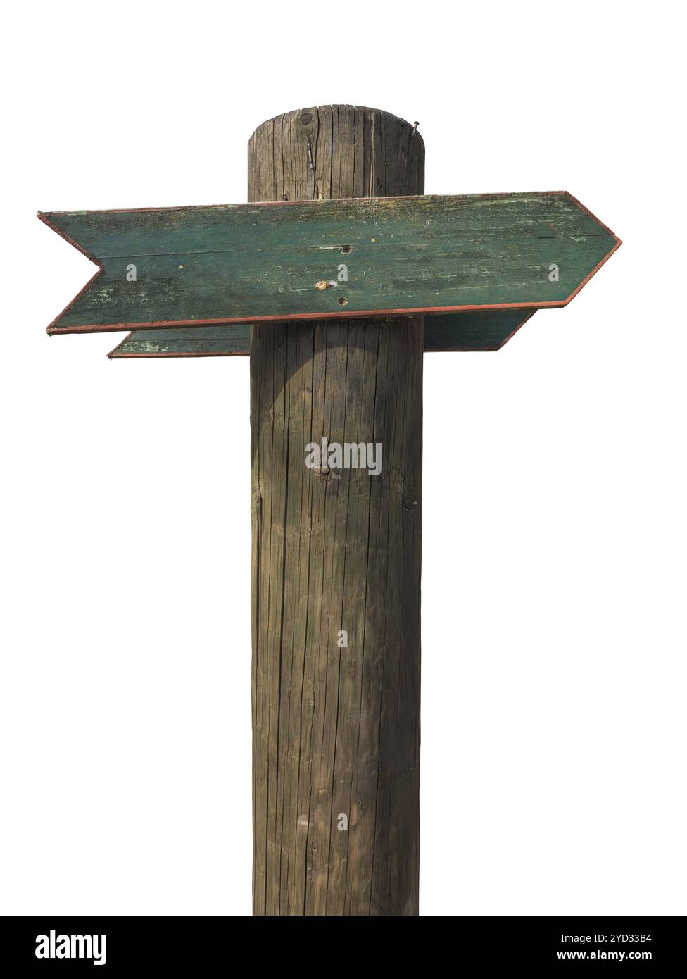 Isoliertes rustikales leeres hölzernes Schild mit Pfeil und weißem Hintergrund Stockfoto