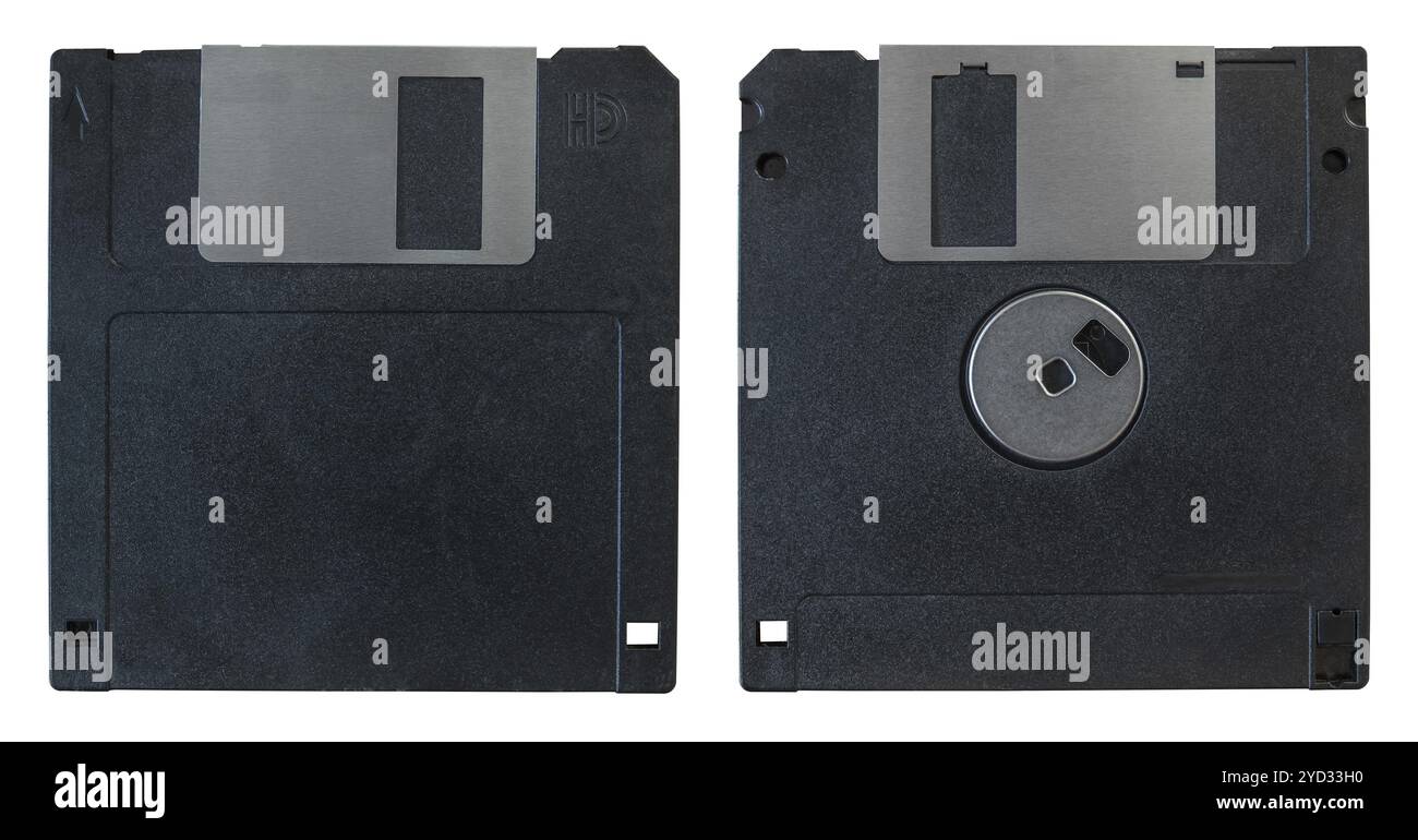 Die Vorder- und Rückseite eines alten Computer Diskette auf weißem Hintergrund Stockfoto