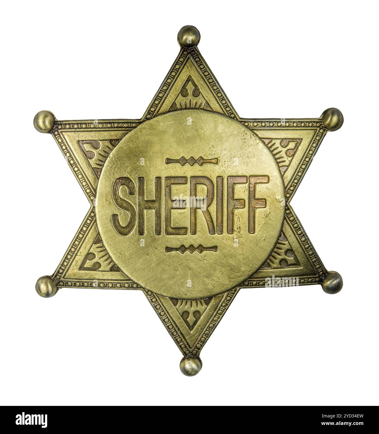 Isoliertes Retro Vintage Messing Sheriff Star Abzeichen auf weißem Hintergrund Stockfoto