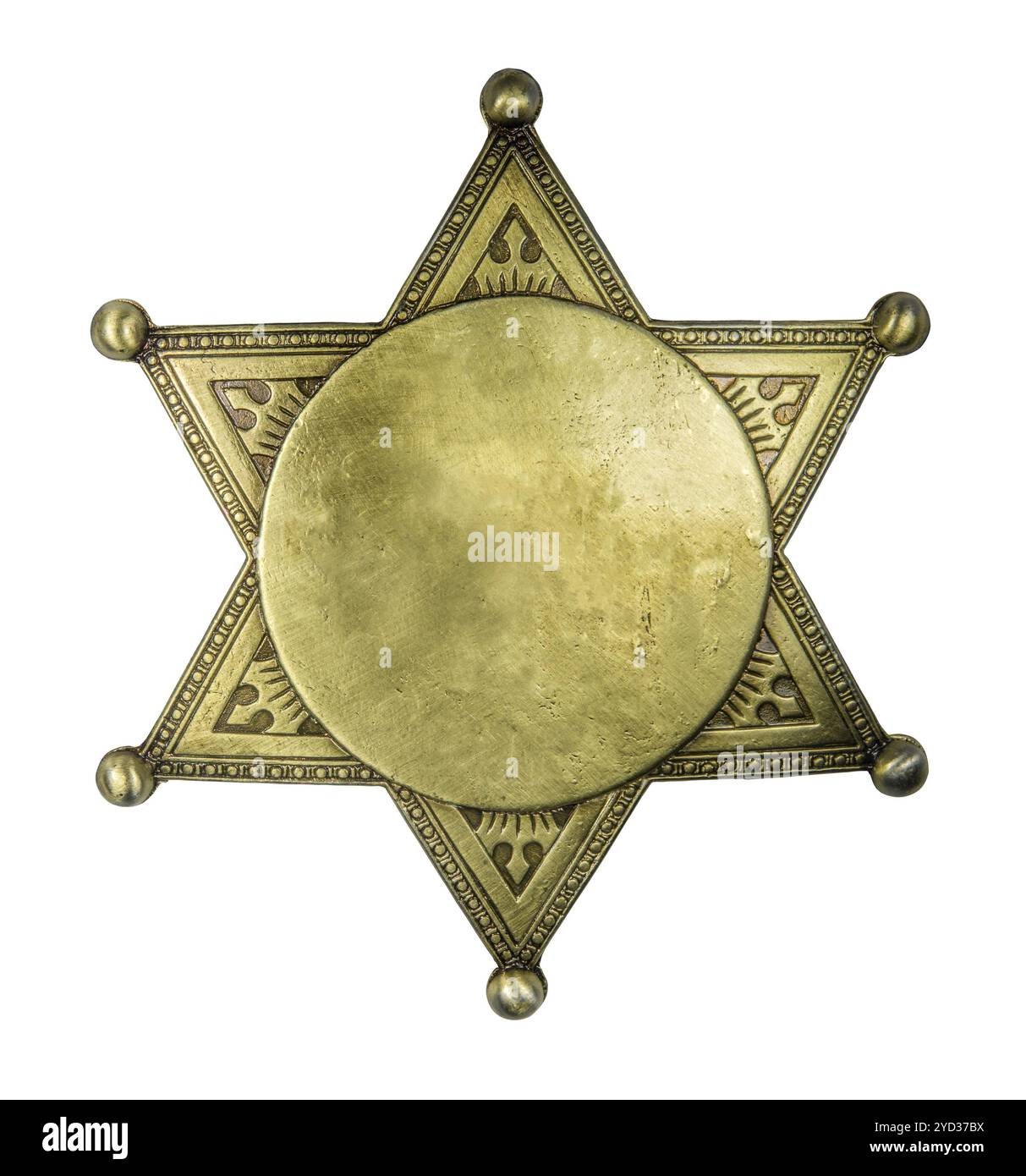 Isolierte Retro Vintage Brass Sheriff Style Star Badge leer für Ihren Text auf weißem Hintergrund Stockfoto