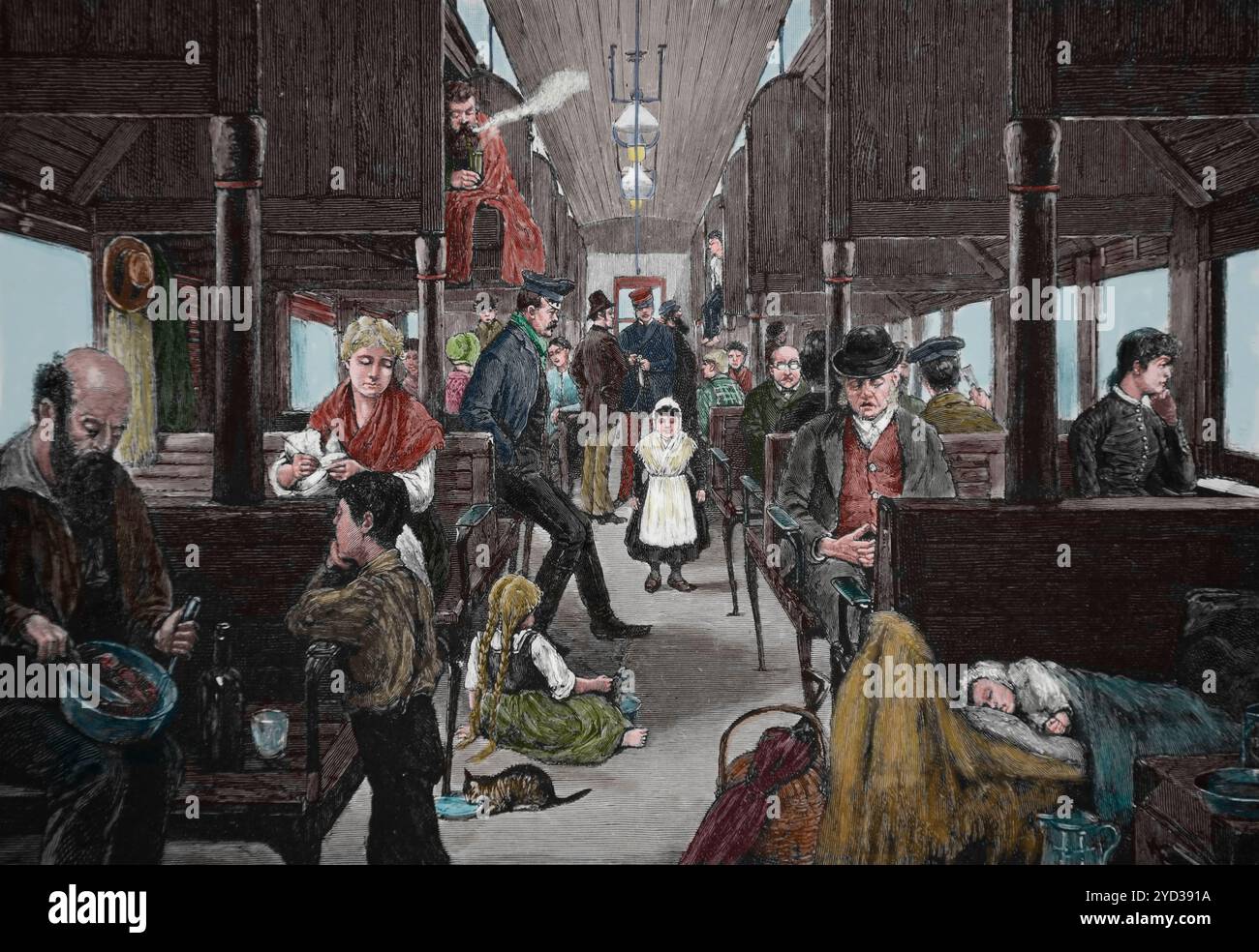 USA. Alter Eisenbahnwagen. Wagen mit Beifahrern. 19. Jahrhundert. Stich von R.D.F. Zogambaum. Harper' Weeky. 1886. Stockfoto