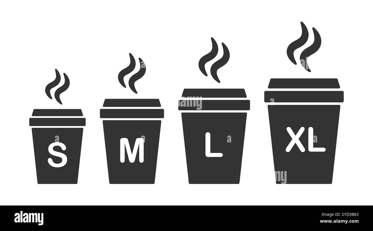 Symbolsammlung für Papierformat für Kaffeetassen. Kleines, mittelgroßes, großes und extra großes Logo zum Mitnehmen. Vektorabbildung. Isoliert auf Wi Stock Vektor