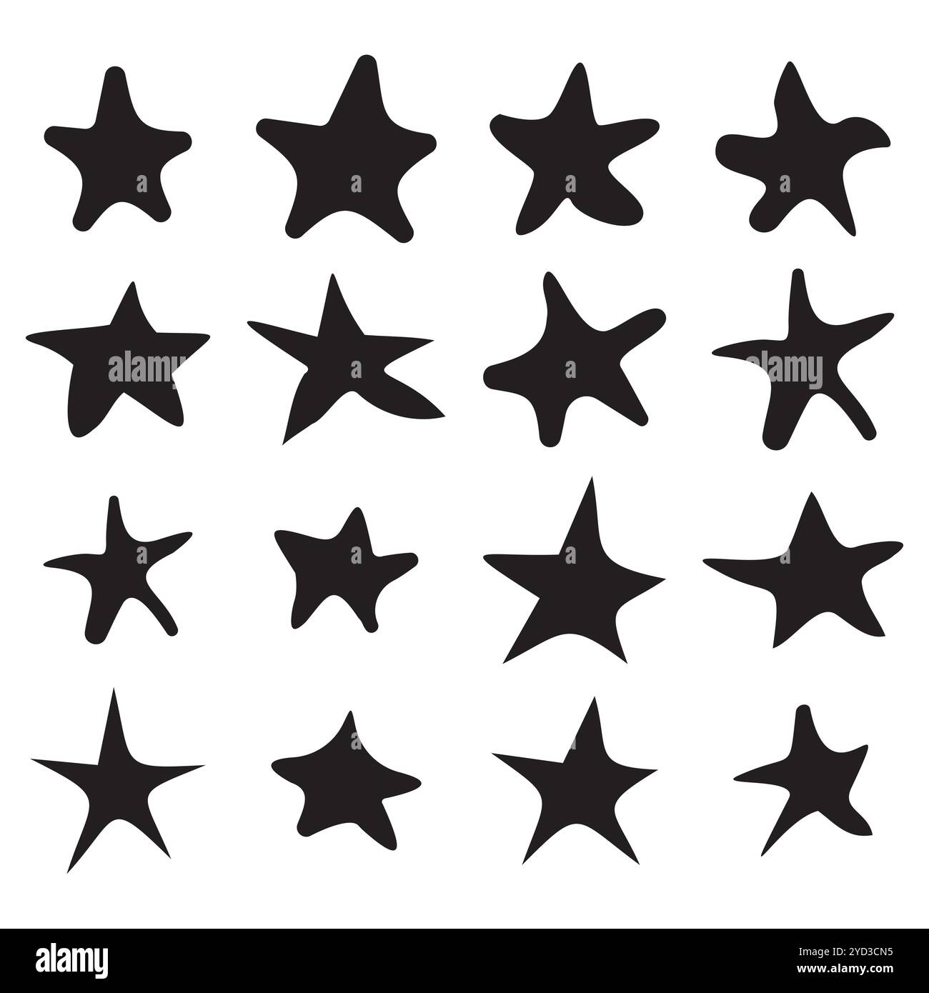Handgezeichnete Sterne. Schwarze Sternformen. Kritzele Sternsymbole. Satz abstrakter Sterne. Stock Vektor