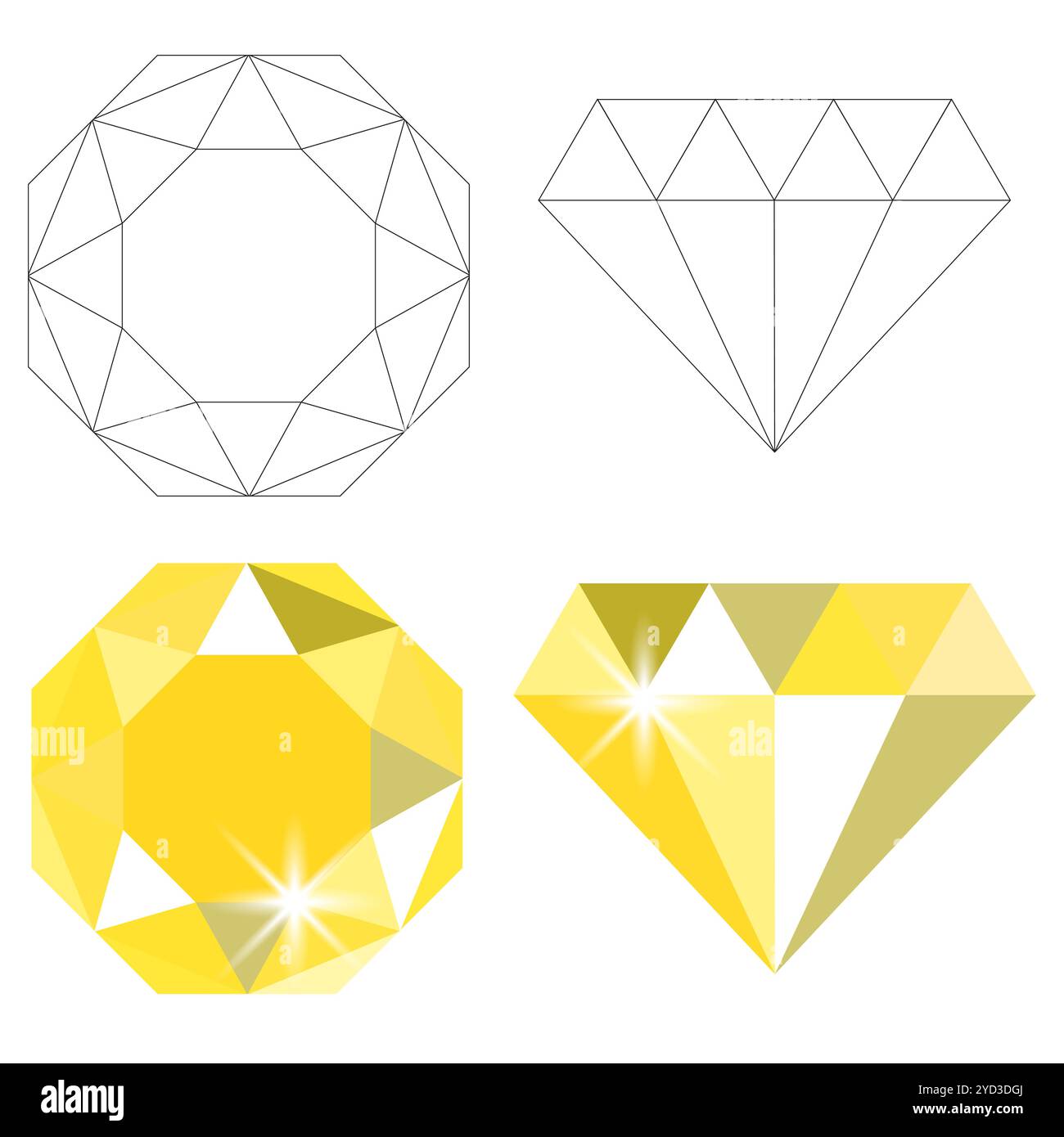 Gelbes Edelsteinsymbol. Facettierte Rautenform. Glänzender Juwelenvektor. Geometrischer gelber Kristall. Stock Vektor