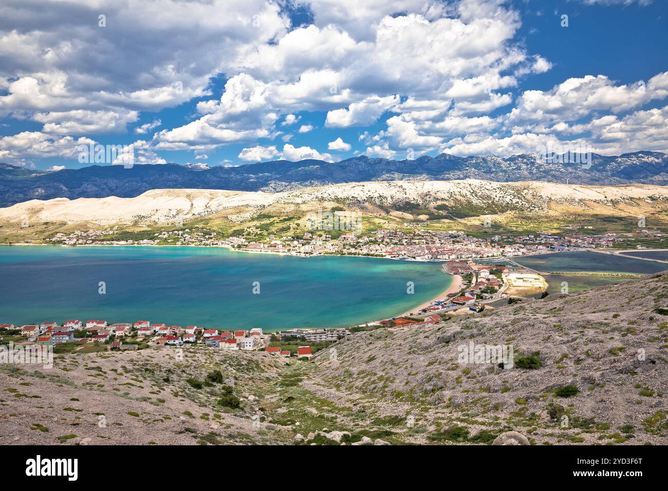 Stadt Pag. PAG Island Bay und Strand aus der Vogelperspektive Stockfoto