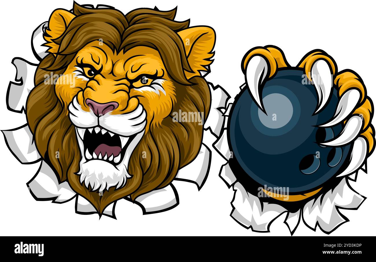 Maskottchen Des Löwen-Bowling-Ball-Tiersports Stock Vektor