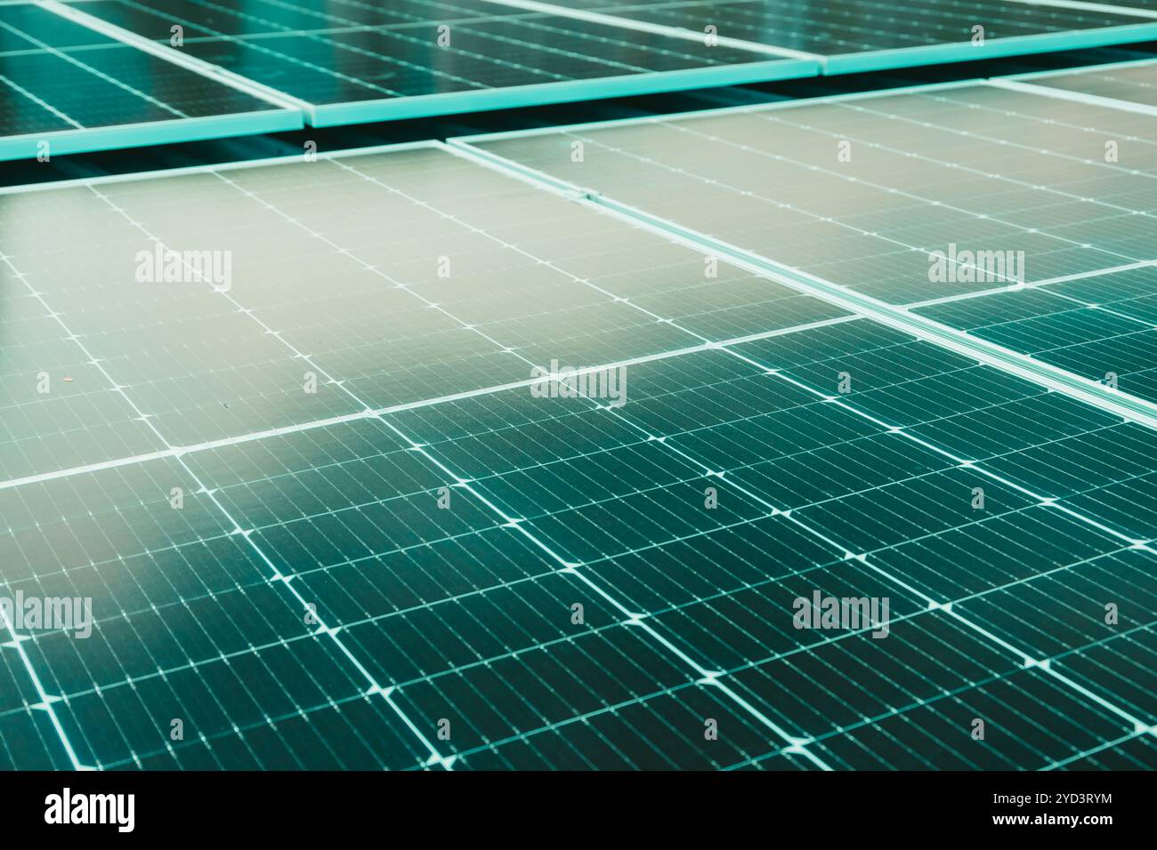 Green Energy, Green Tint Stromnetz Solarpaneele oder Solarzelle im Fabrikdachhaus zur Einsparung von Energie Hintergrund. PV-Paneele auf dem Industriedach. Stockfoto