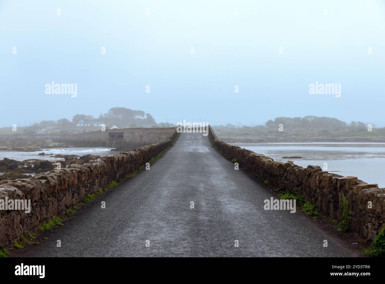 Eine schmale Steinbrücke in Connemara, Irland, die sich bis in die nebelige Distanz unter einem bewölkten Himmel erstreckt, mit nasser Straßenoberfläche, die das nebelige Ambiente reflektiert Stockfoto