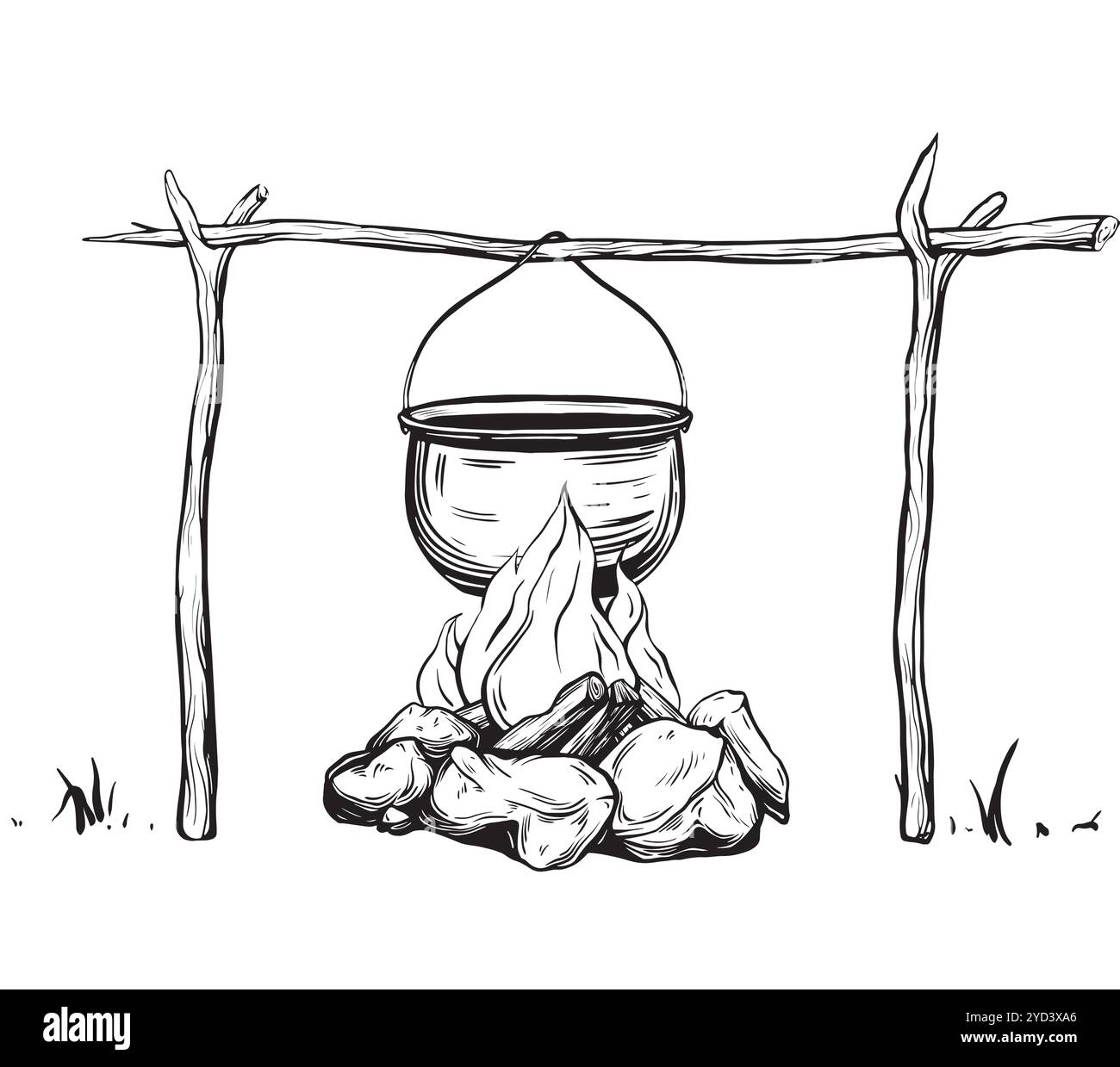 Camping Pot oder Kessel auf Lagerfeuer mit Steinen Vektor Illustration. Handgezeichneter Touristenkessel für Reisen oder Wandern in schwarzer Tinte. Gezeichnet Stock Vektor