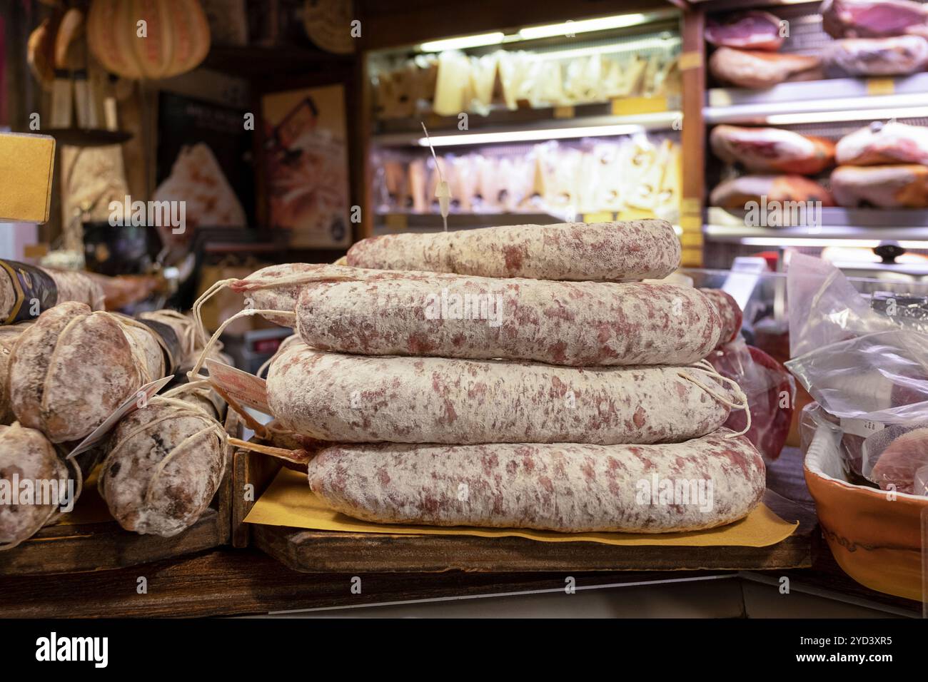 Regale mit Räucherfleisch, Salami und Trockenwürsten sowie einer Auswahl an Käse, leckere Gerichte in einem Kunsthandwerksladen, in dem italienische Köstlichkeiten verkauft werden Stockfoto