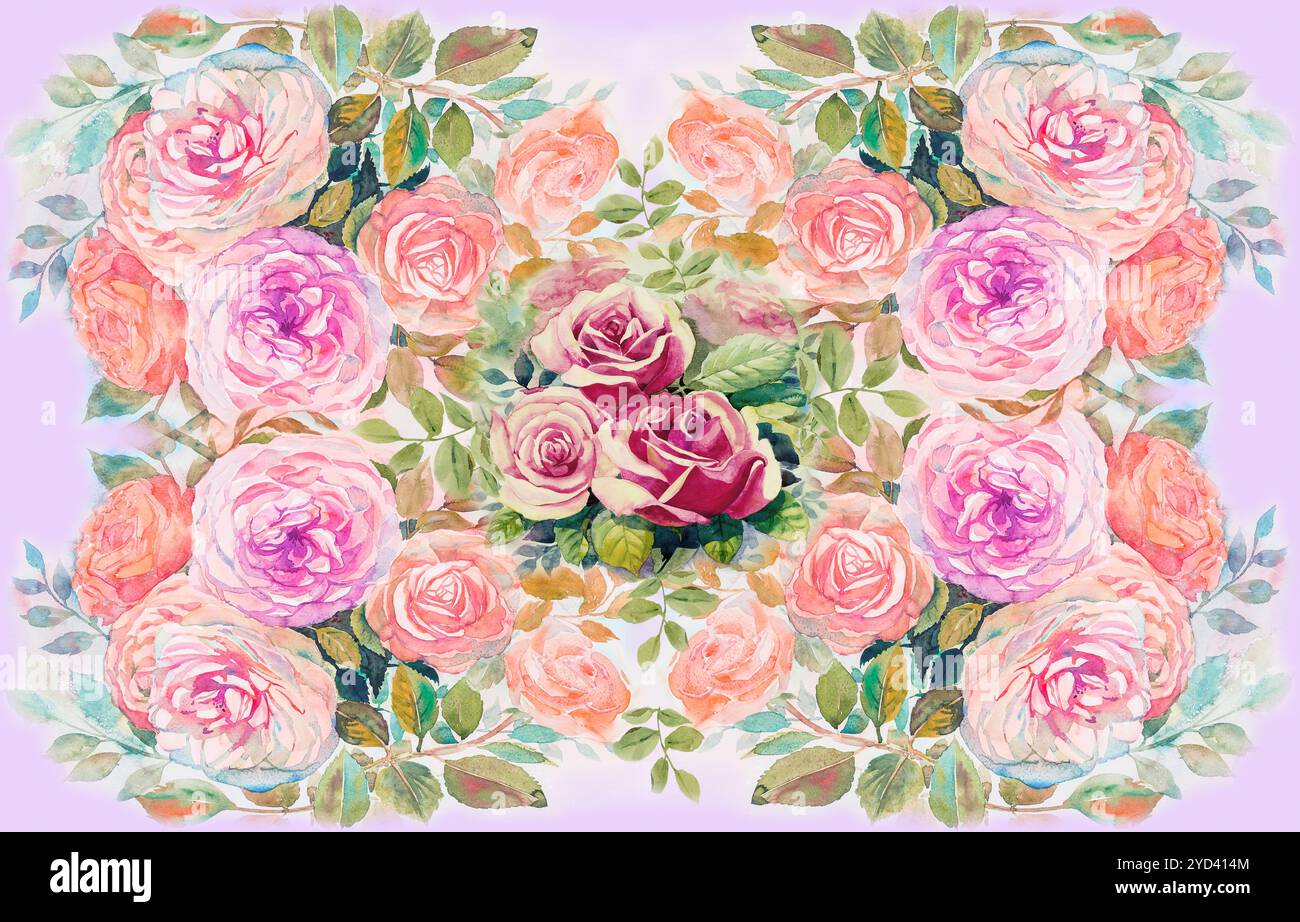 Aquarellmalerei Illustration Blumen orange, rosa, lila von Rosen. Vintage-Bouquet, Schönheit, Frühling Natur, auf weichem lila Hintergrund. Handma Stockfoto
