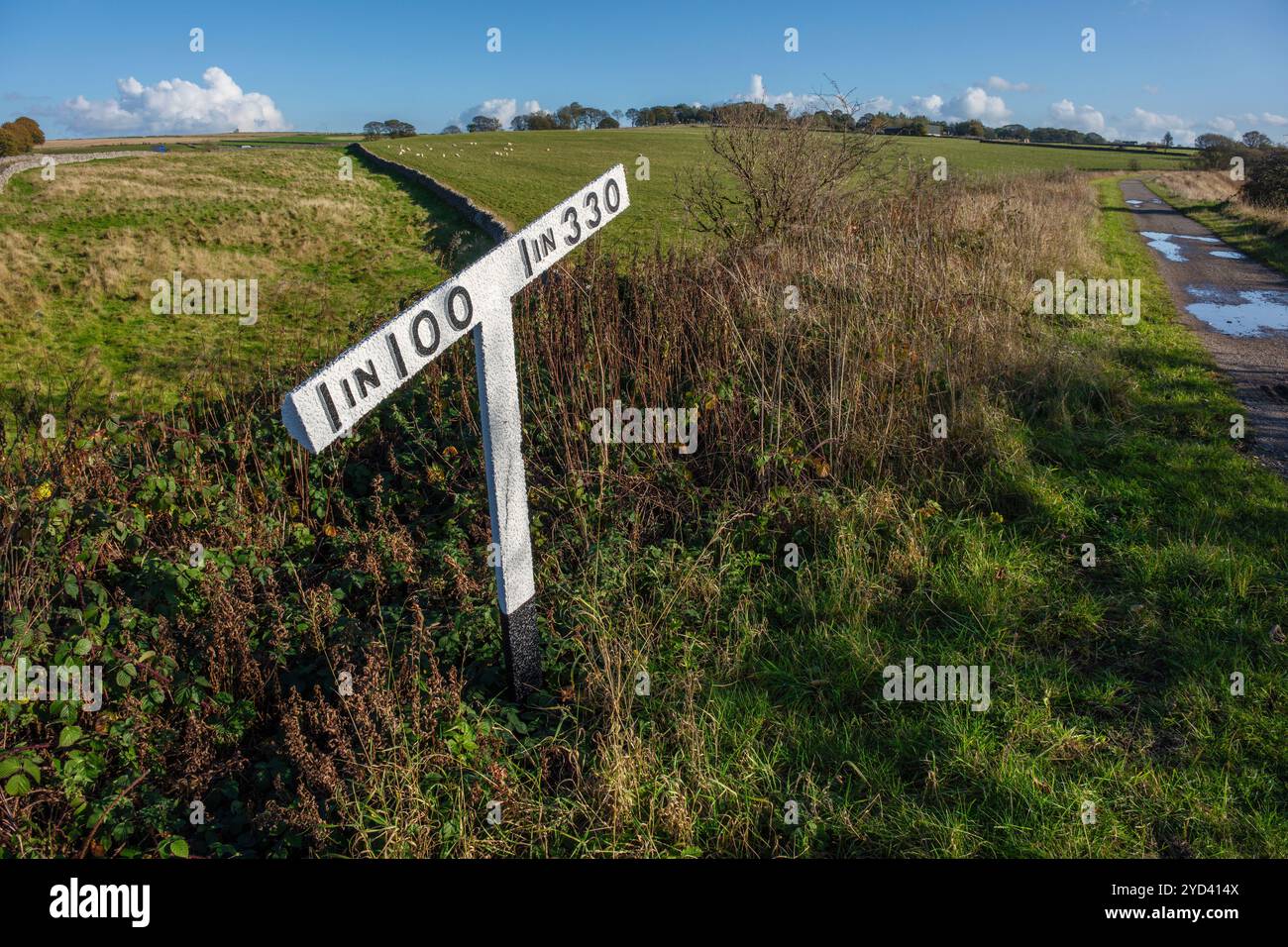 Eine alte Bahngradientenmarkierung auf dem Tissington Trail in der Nähe von Biggin, Peak District National Park, Derbyshire Stockfoto