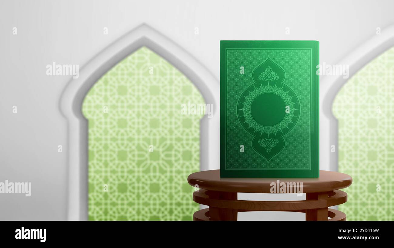Das heilige Buch des Al Quran sitzt auf dem Tisch mit einem Moscheefenster im Hintergrund. Muslimisches heiliges Buch. Konzept der islamischen Religion, Ramadan kareem, OR Stockfoto