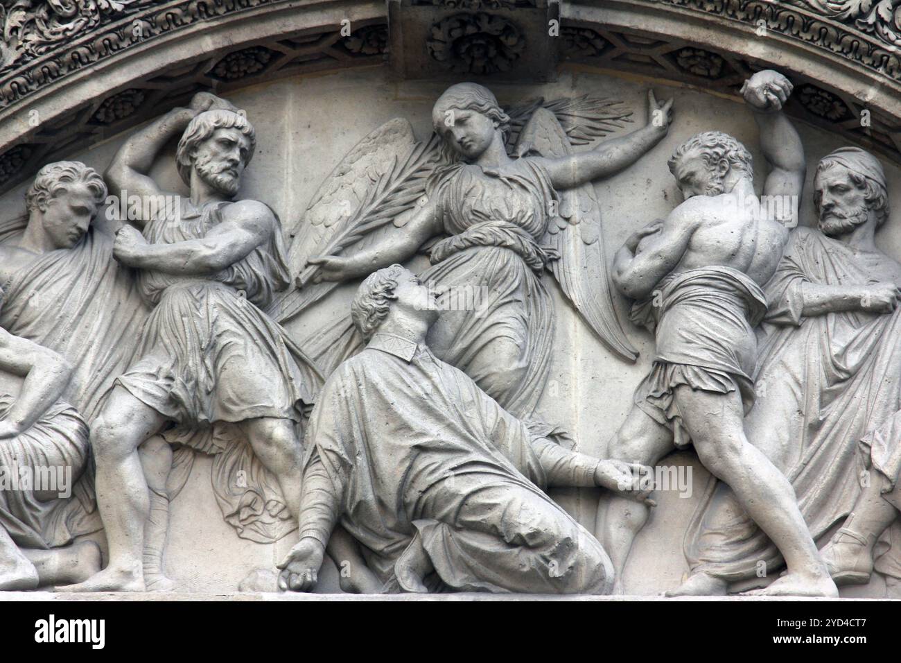 Das Martyrium von St. Stephan Giebel der Eingangstür der Kirche Saint Etienne du Mont, Paris Stockfoto