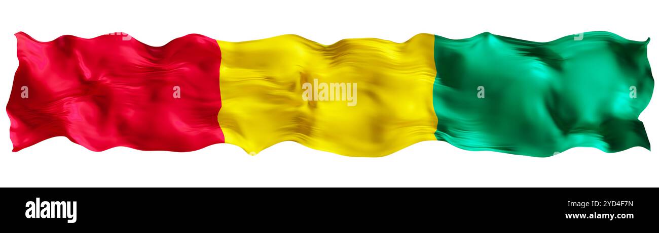 Stilisierte Flagge von Guinea winkt im Wind, isoliert auf weißem Hintergrund. Fußzeile, Kopfzeile oder Trennzeichen. Breiten Panoramaausschnitt. Banner für Stockfoto