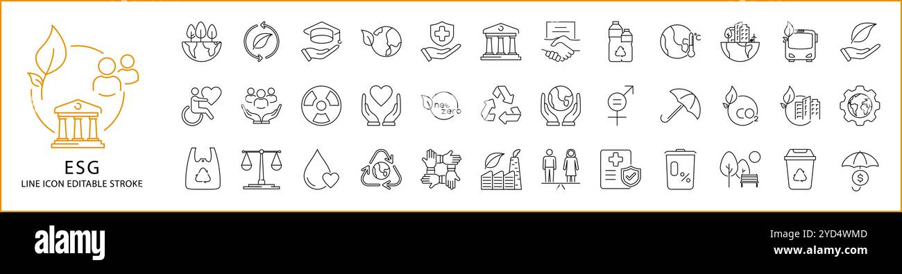 ESG-Symbolsatz in Linienart. Umweltfreundliche Social Governance-Symbole. Vektorabbildung. Bearbeitbare Kontur. Stock Vektor