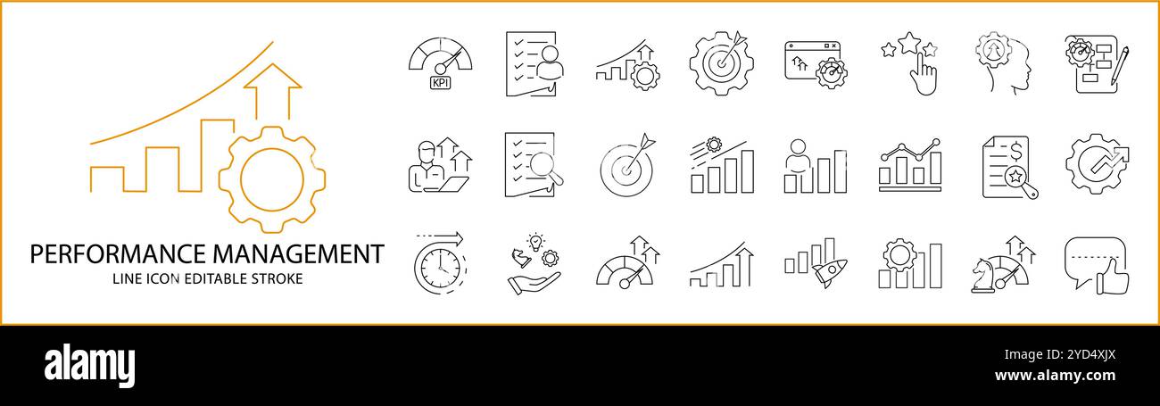 Leistungsmanagement-Symbole in Linienart. Eindämmung von Verbesserungen, Geschäften, Analysen, Prozessen, Wachstum, Entwicklung, Strategie, Optimierung usw. Stock Vektor