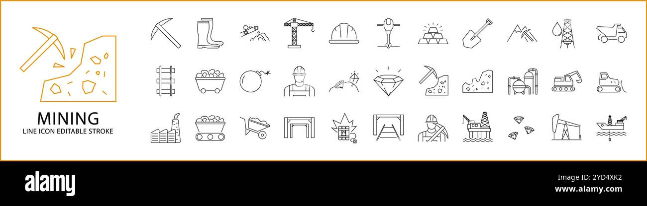 Symbolgruppe Mining. Minenlinien-Symbole. Mit Fossil, Dump, Diamant, Energie, unterirdisch, Treibstoff, Gold, Helm, Schlaghammer, Maschine, Ausrüstung, Stock Vektor