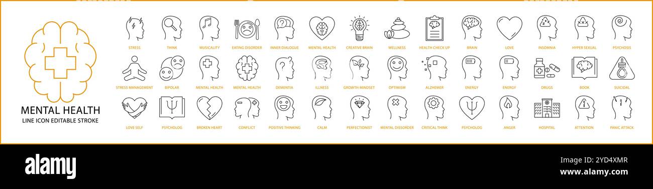 Symbol für psychische Gesundheit in Linienstil gesetzt. Psychologie, Gehirn, Verstand, Mensch, Angst, Linie, Person, Kopf, Störung usw. Vektorabbildung. Stock Vektor