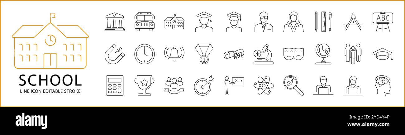 Schulsymbole Im Linienstil. Enthält Buch, Studium, Universität, Bildung, Student, hochschule, Wissenschaft, Lehrer usw. Symbolgruppe. Vektorabbildung. Edi Stock Vektor