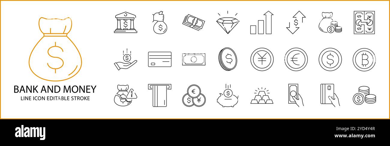 Bankzahlungssymbol In Positionsart Festgelegt. Symbole für die Zahlung von Bankgeld. Vektorabbildung. Bearbeitbare Kontur. Stock Vektor