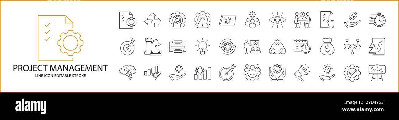 Projektmanagement-Symbole im Linienstil. Strategie, Entwicklung, Geschäft, Teamarbeit, Planung, usw. Symbolgruppe. Vektorabbildung. Stock Vektor
