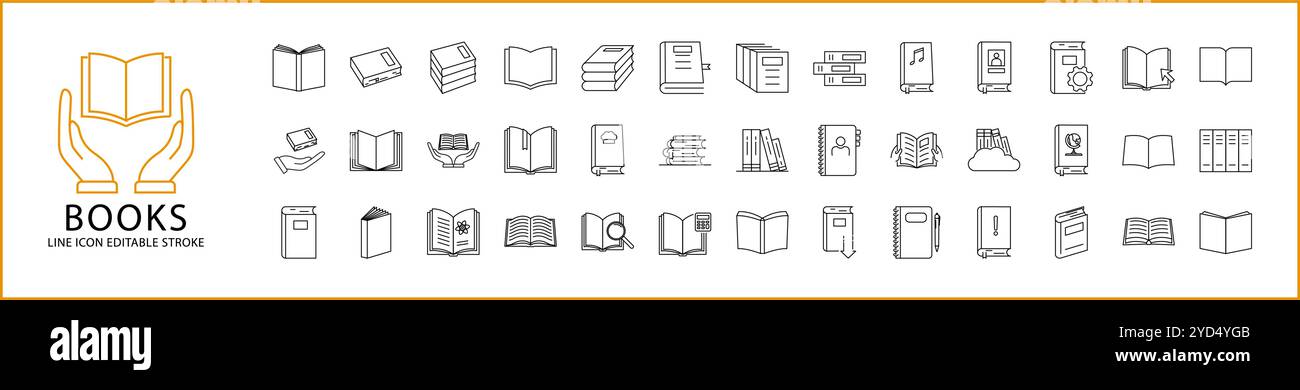 Buchsymbol im Linienstil festgelegt. Bücher Symbole. Vektorabbildung. Bearbeitbare Kontur. Stock Vektor