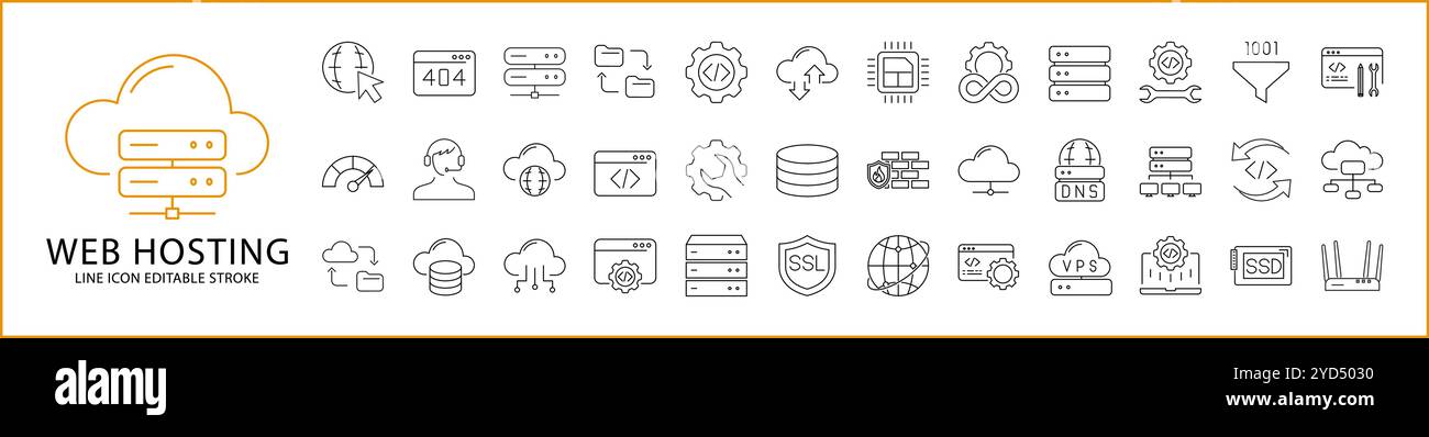Webhosting-Symbol Im Linienstil Festgelegt. Enthält Server, Datenbank, Netzwerk, Cyberspace, Speicher, Cloud, Computing, Website usw. Vektorabbildung. Stock Vektor