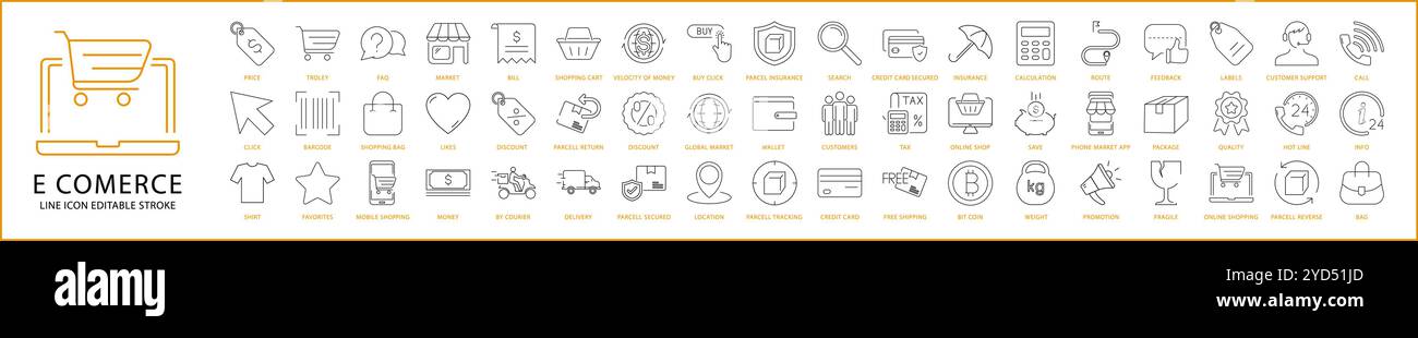 E-Commerce-Symbol im Linienstil festgelegt. E-Commerce-Symbole. Vektorabbildung. Bearbeitbare Kontur. Stock Vektor