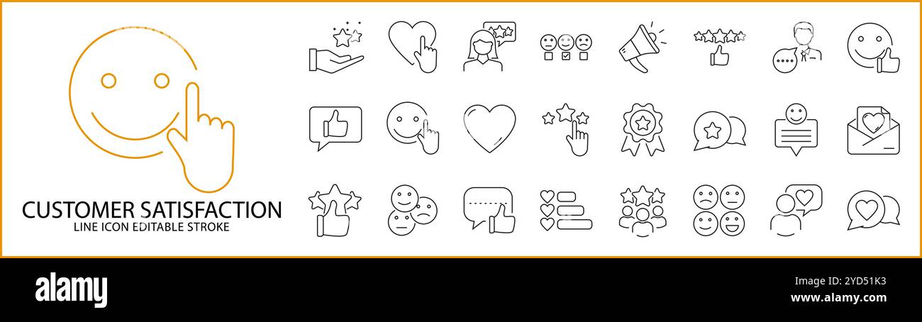 Symbol für Kundenzufriedenheit im Linienstil festgelegt. Symbole für Kundenfeedback. Vektorabbildung. Bearbeitbare Kontur. Stock Vektor