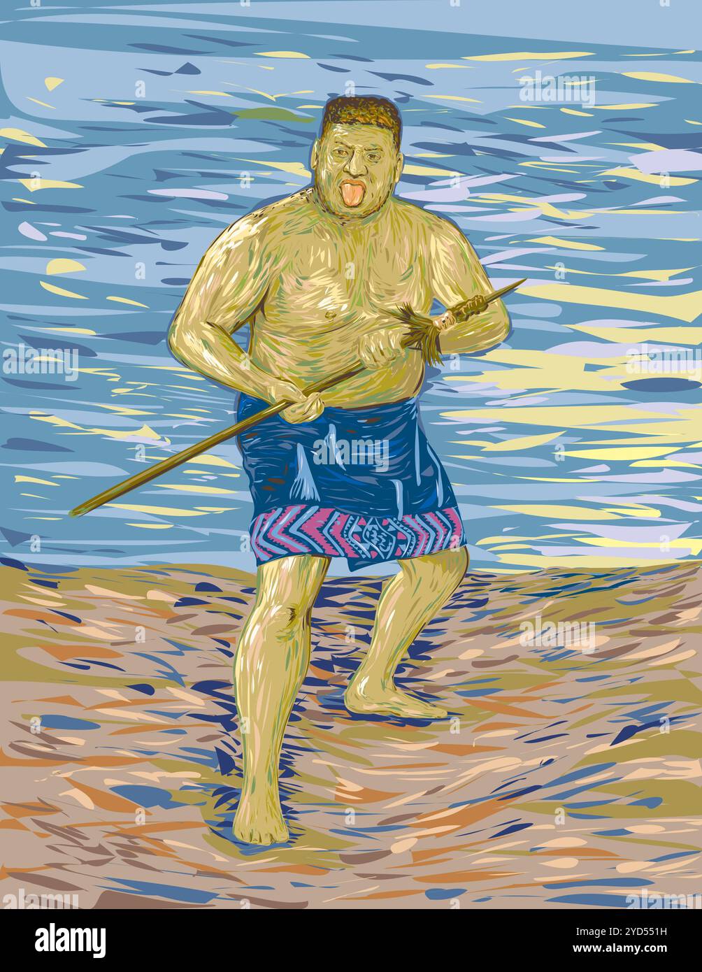Maori Warrior Spielt Haka War Dance Post Impressionism Art Style Stockfoto