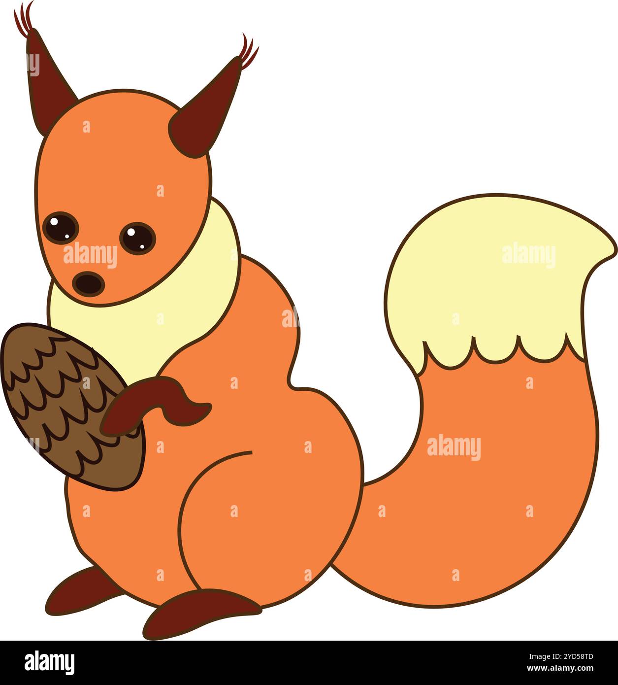Rotes Eichhörnchen mit einem flauschigen Schwanz hält einen Kiefernkegel, einfach zu bearbeiten, Stock Vektor Stock Vektor