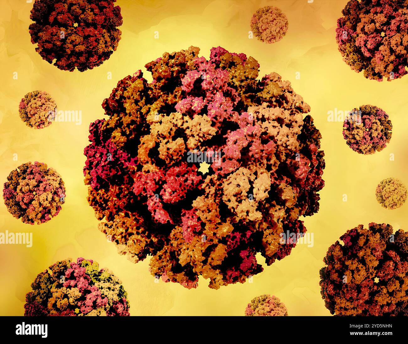 Kreatives Layout mit 3D-Renderings von Chikungunya-Virus-like Particles (VLPs). Stockfoto