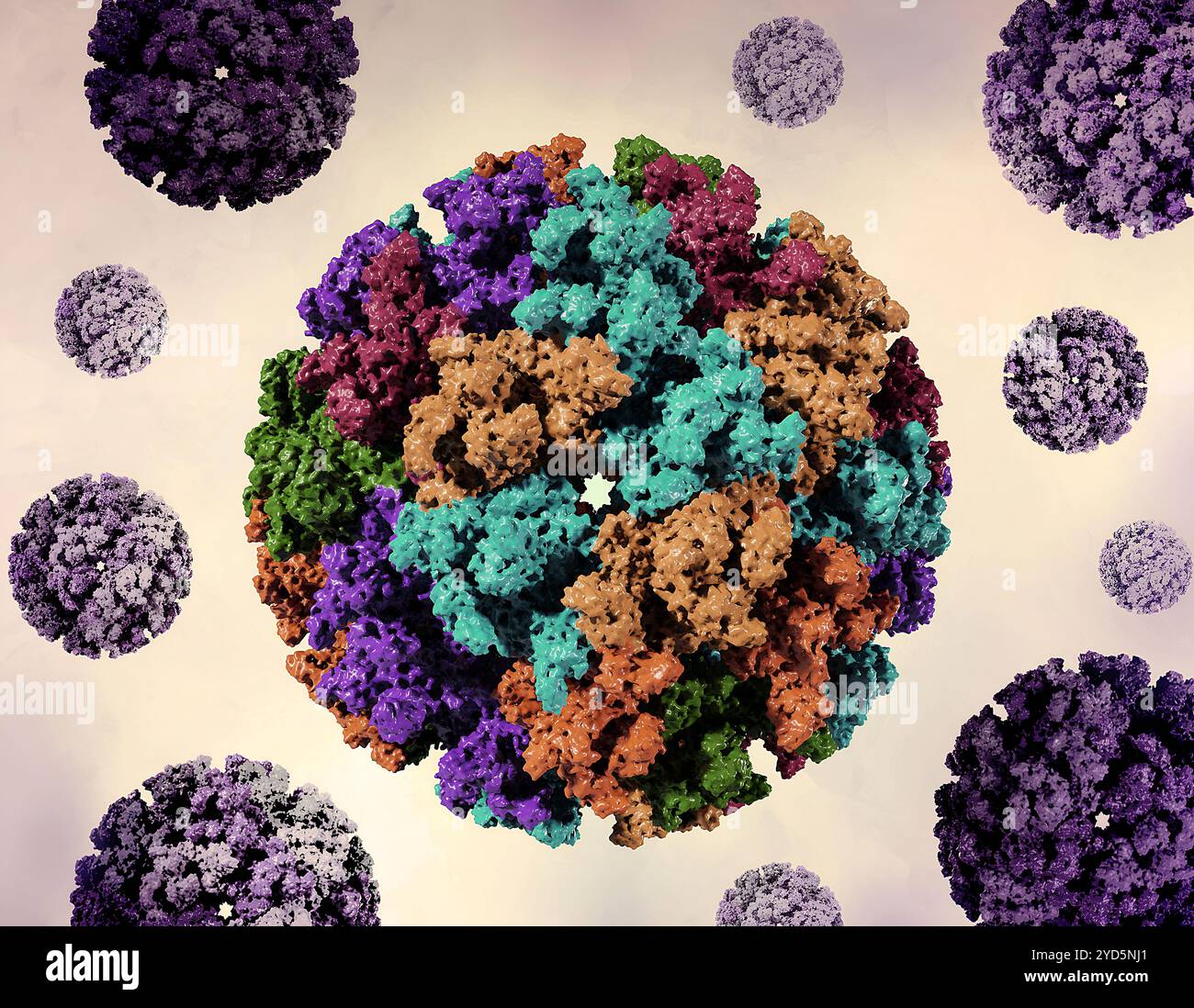 Kreatives Layout mit 3D-Renderings von Chikungunya-Virus-like Particles (VLPs). Stockfoto