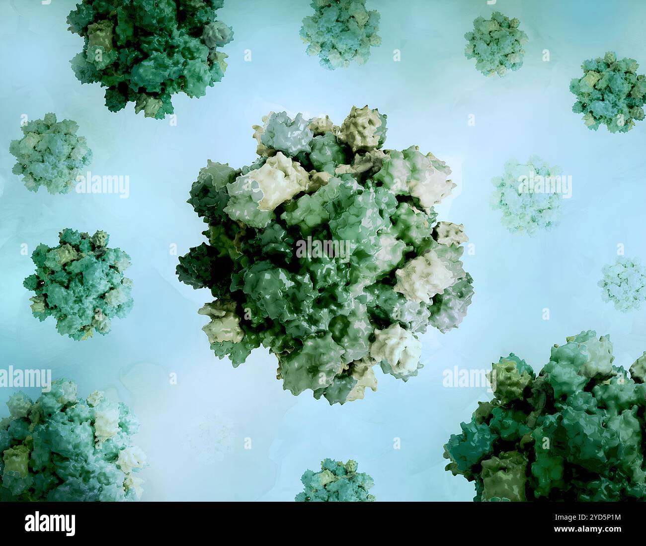Kreatives Layout mit mikroskopisch abgeleiteten 3D-Renderings des Hepatitis-E-Virus-Kapsids. Stockfoto