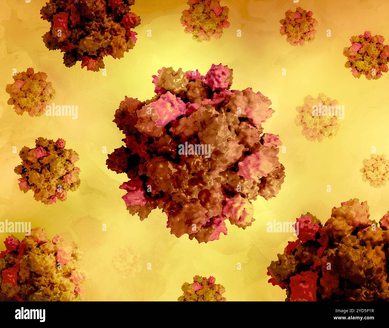 Kreatives Layout mit mikroskopisch abgeleiteten 3D-Renderings des Hepatitis-E-Virus-Kapsids. Stockfoto